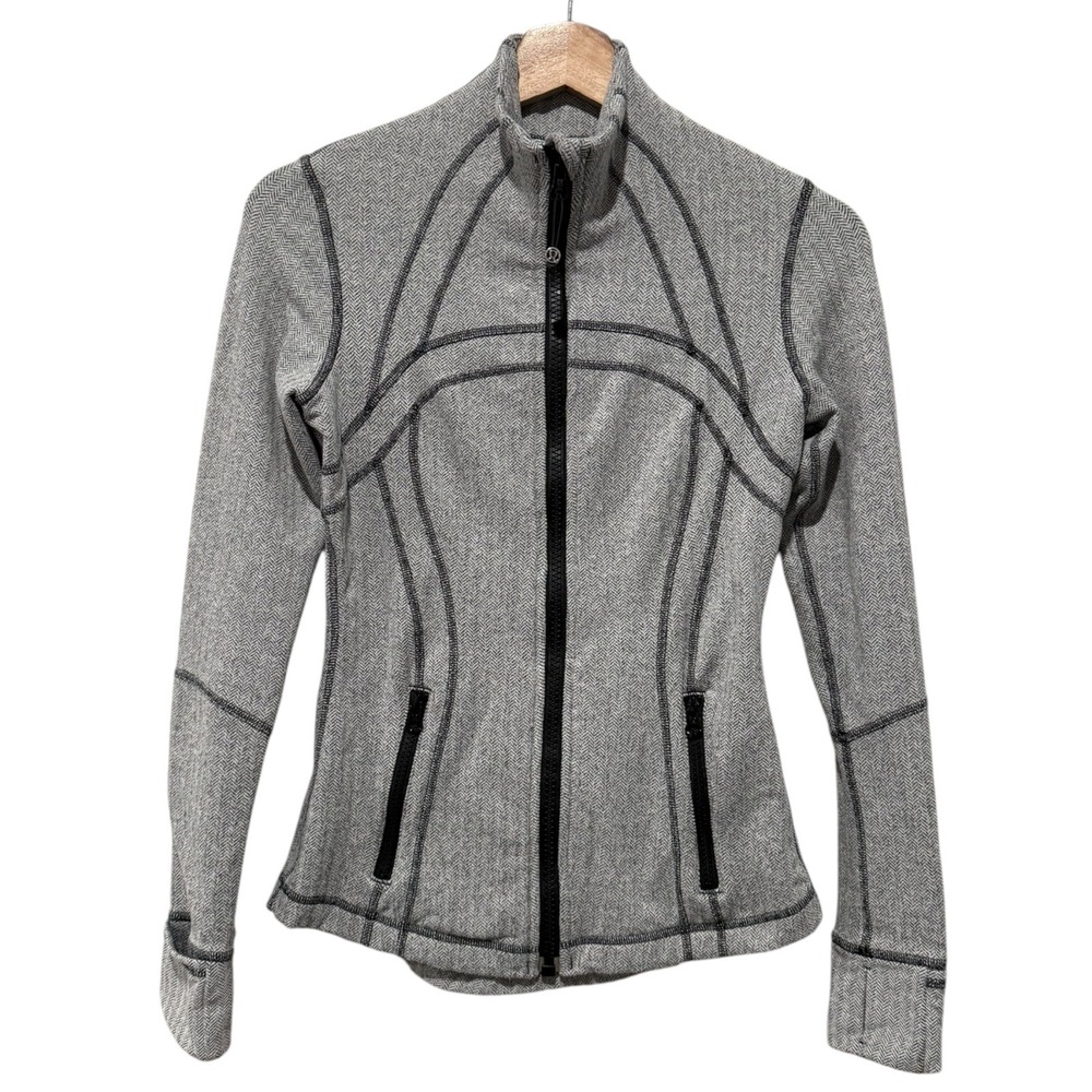 Lululemon Define Nulu Track Jacket 4 Black Gray Heatherbone Full Zip Thumbholes